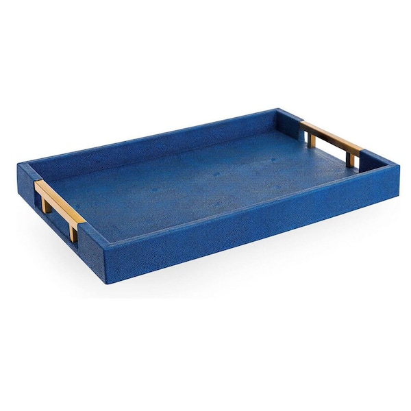 Unbranded Sleek 16 in. x 12 in. Modern Rectangle Blue Faux Leather Decorative Serving Tray