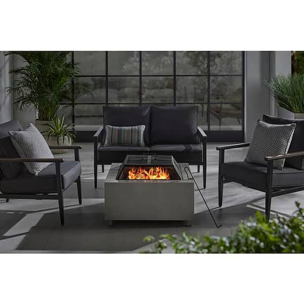 Hampton Bay Nickleby 33 in. Cube Steel Gray Low Smoke Wood Burning Fire Pit with Stainless Steel Bowl and Concrete Tile Top