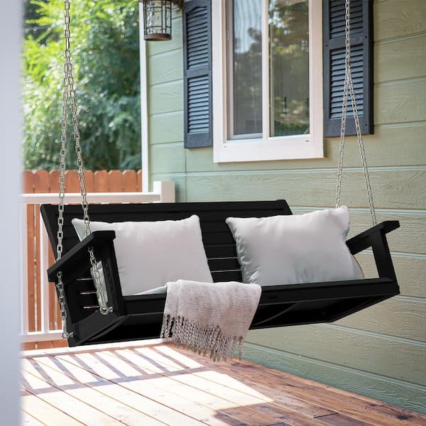 4 ft. 2-Person Black Outdoor Plastic Patio Porch Swing with Adjustable Chains