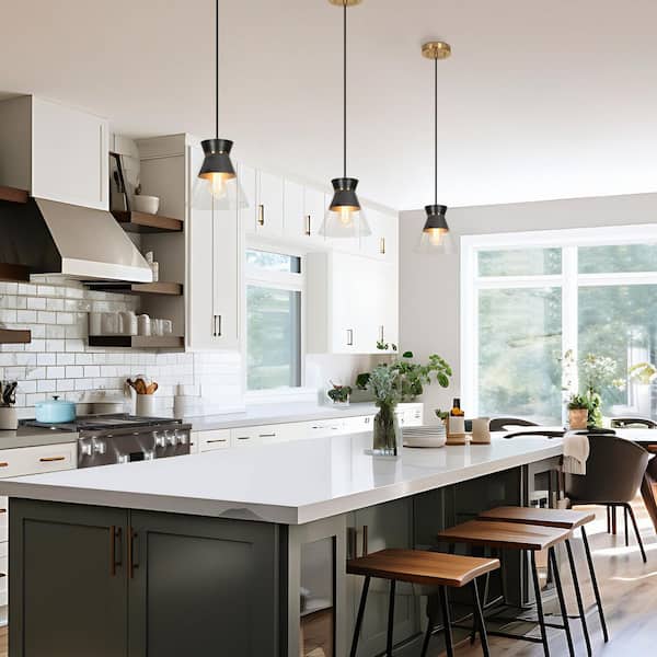 Noah Modern 1-light Cone Brass Pendant Light, Kitchen Island Hanging Light with Black Metal and Clear Glass Shade