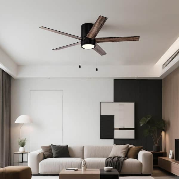 52 in. Matte Black 3-Speed 3CCT Indoor Standard Style Flush Mount DC Motor Ceiling Fan with LED Light Kit and Pull Chain