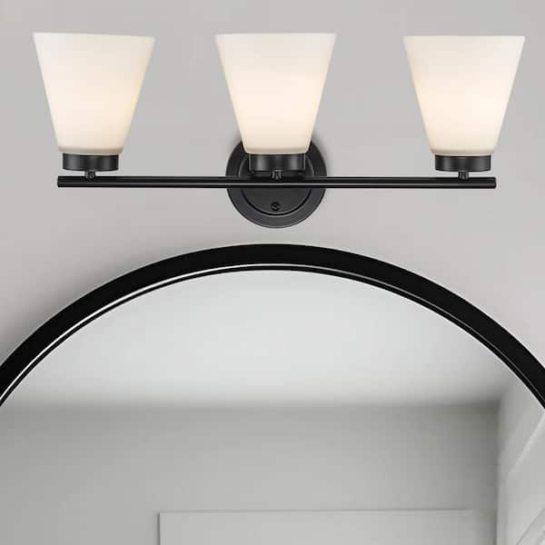 Fifer 23 in. 3-Light Black Bathroom Vanity Light Fixture with Frosted Glass Shades