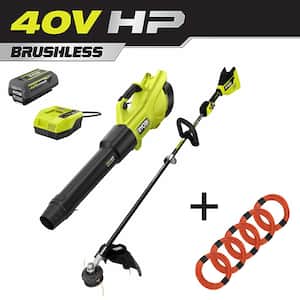 40V HP Brushless Cordless Battery String Trimmer & Leaf Blower w/ Extra 5-Pack of Pre-Cut Line, 4.0 Ah Battery & Charger