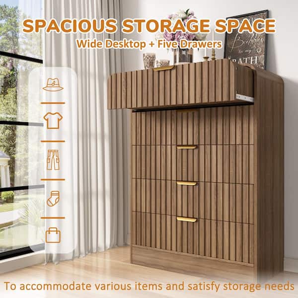 Brown 5-Drawer 31.5 in.W MDF Chest of Drawers, Waveform Fluted Design Bedroom Dresser, Round Corner