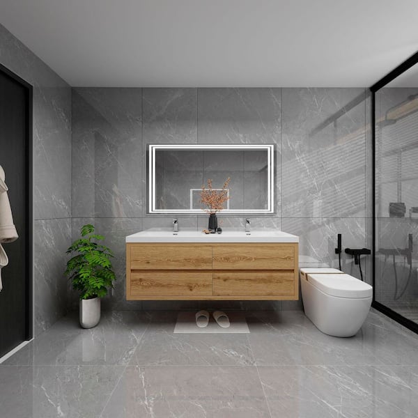 BV Better Vanity Louis 59 in. W x 20 in. D x 22 in. H Double Sink Floating Bath Vanity in Yellow Wood with White Acrylic Top