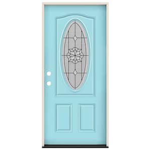 36 in. x 80 in. Right-Hand 3/4 Oval McAlpine Decorative Glass Caribbean Blue Steel Prehung Front Door