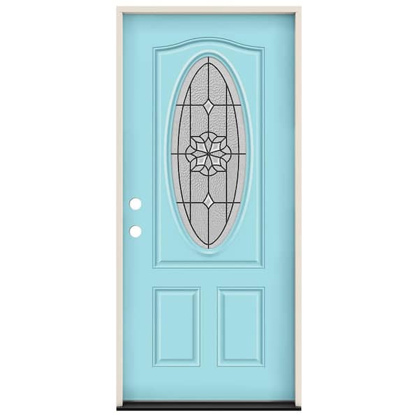 JELD-WEN 36 in. x 80 in. Right-Hand 3/4 Oval McAlpine Decorative Glass Caribbean Blue Steel Prehung Front Door