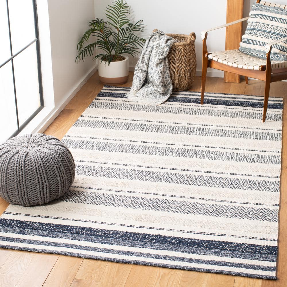 Ivory and Navy Handwoven Wool-Cotton Blend 6' x 9' Kilim Stripe Rug