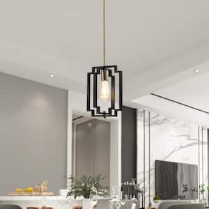 Hartford 1-Light Lantern Black/Gold Square/Rectangle Pendant with Wrought Iron Accents