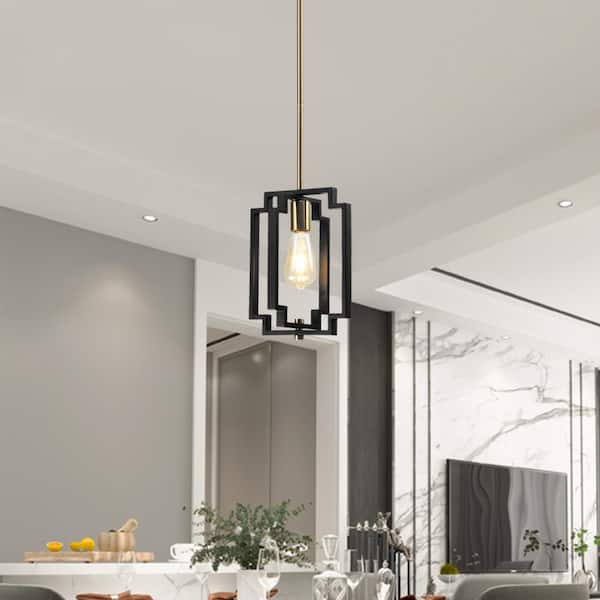 Maxax Hartford 1-Light Lantern Black/Gold Square/Rectangle Pendant with Wrought Iron Accents
