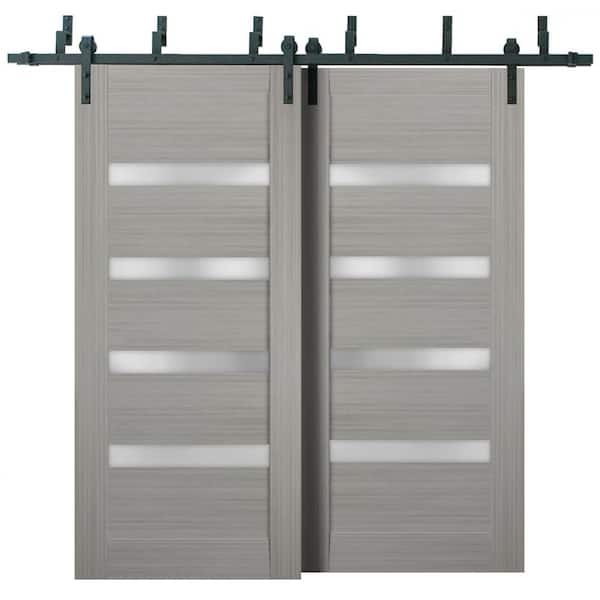 36 in. x 80 in. 2 Panel Frosted Glass Gray Ash Wood Sliding Barn Door with Hardware Kit