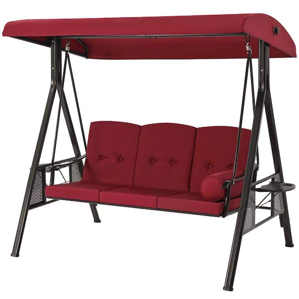 AECOJOY 3-Person Metal Outdoor Patio Swing Chair in Red with Canopy and Cushions