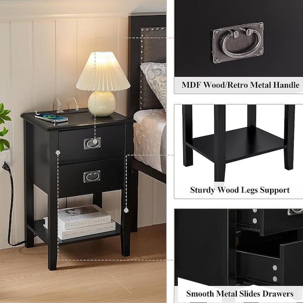 Nightstand Set of 2-with Charging Station, Black End/Side Table with USB Ports, Nightstands with 2-Drawers Storage Shelf