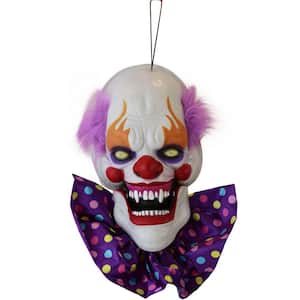 20 in. Hanging Talking Clown Head, Halloween Decoration for Indoor or Covered Outdoor Display, Battery-Operated, Purple