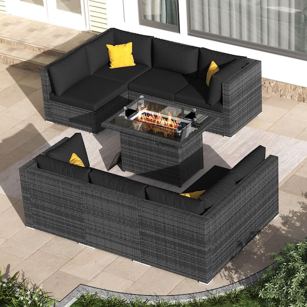 Unbranded 9-Pieces Gray Wicker Outdoor Sectionals Patio Furniture Set Conversation Set with Fire Pit Table and Black Cushions
