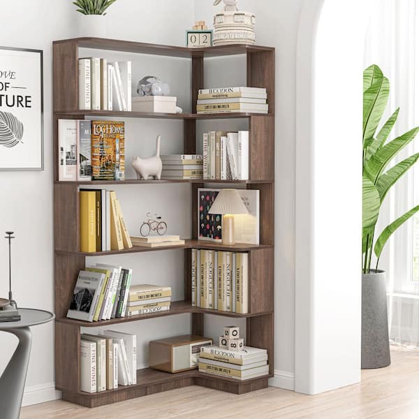 64.56 in. H Dark Brown Engineered Wood L Shaped Corner 6 Tier Bookcase with Anti Tipping, Open Storage Display Cabinet