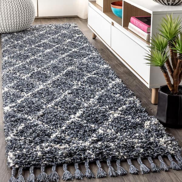 Mercer Shag Plush Tassel Moroccan Geometric Trellis Denim Blue/Cream 2 ft. x 8 ft. Runner Rug