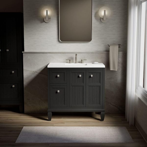 KOHLER Hearthaven 37 in. Single Sink Freestanding Slate Grey Bath Vanity with White Quartz Top Assembled