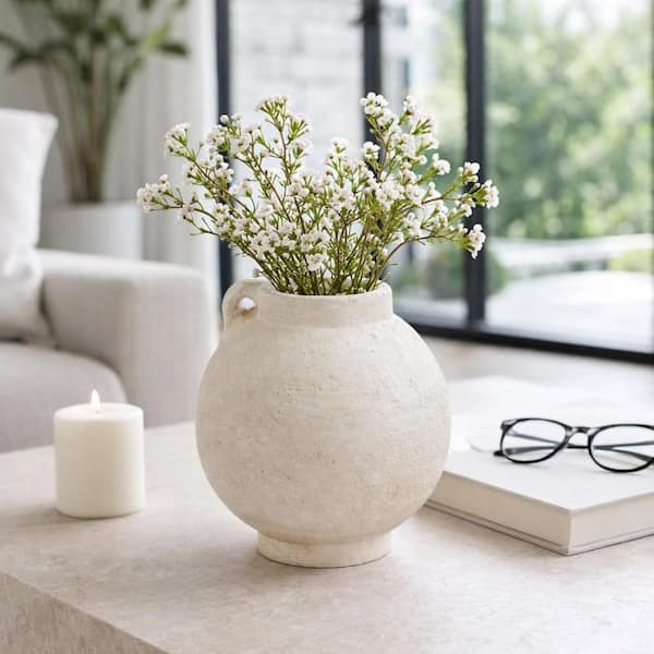 7 in. White Ceramic Round Jug Bulbous Decorative Vase With Handle