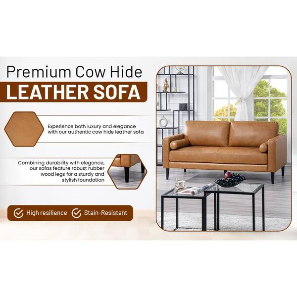 HOMESTOCK 74.5 in. W Square Arm Leather Straight Leather Mid