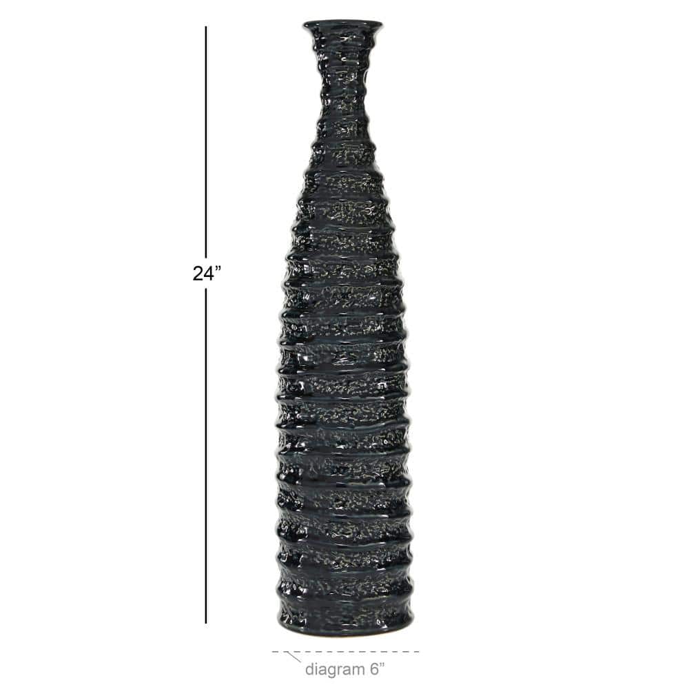 Tall Black Rippled Ceramic Floor Vase