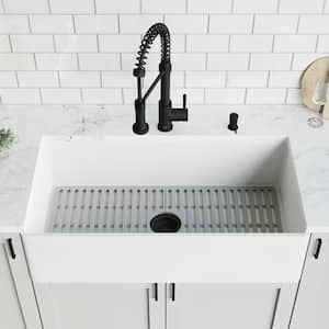 Matte Stone 36" Single Bowl Farmhouse Apron Front Undermount Kitchen Sink with Faucet in Matte Black and Accessories