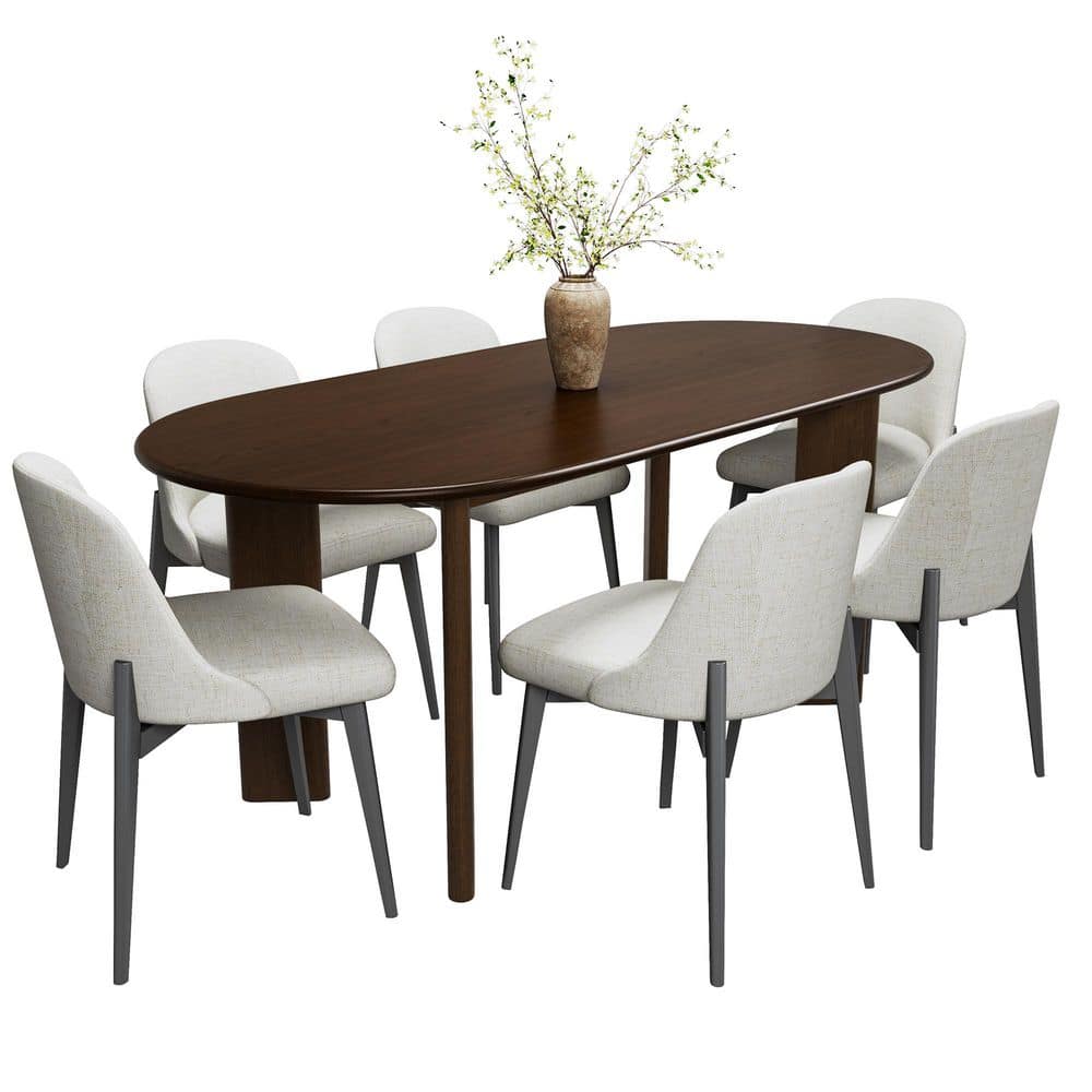 7-Pieces Walnut Oval Wood Top 4-Leg Dining Table Set 6 Seats with Wood Frame, Upholstered Ergonomic Dining Chair