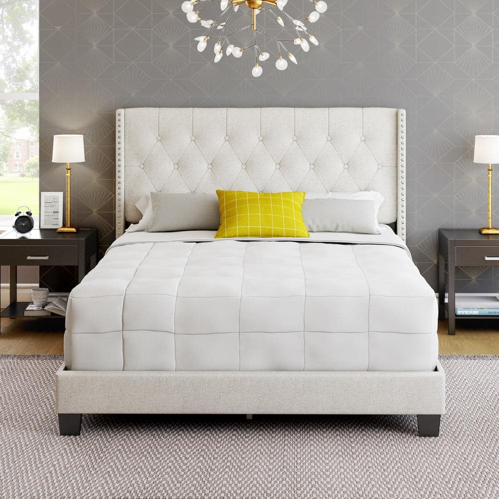 Mia Beige Linen Queen Size Fully Upholstered Platform Bed Frame with Tufted