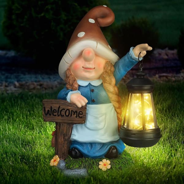 12 in. x 8 in. Blue Resin Solar Large Gnome Garden Statue with