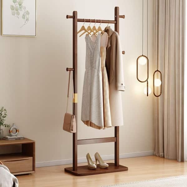 Gibbon Walnut Wood Freestanding Coat Rack Stand with 5 Hooks for Bedroom Living Room