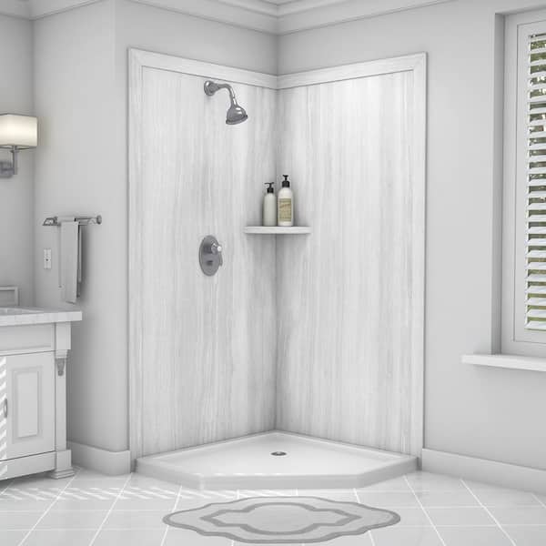 FlexStone Splendor 40 in. x 40 in. x 80 in. 7-Piece Easy Up Adhesive Corner Shower Wall Surround in Silver Strata