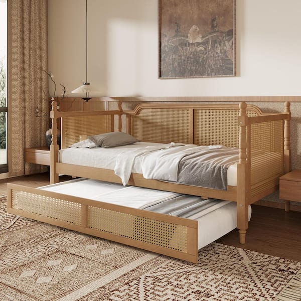 Evan Traditional Brown Twin Size Rattan Daybed with Trundle, Antique Walnut
