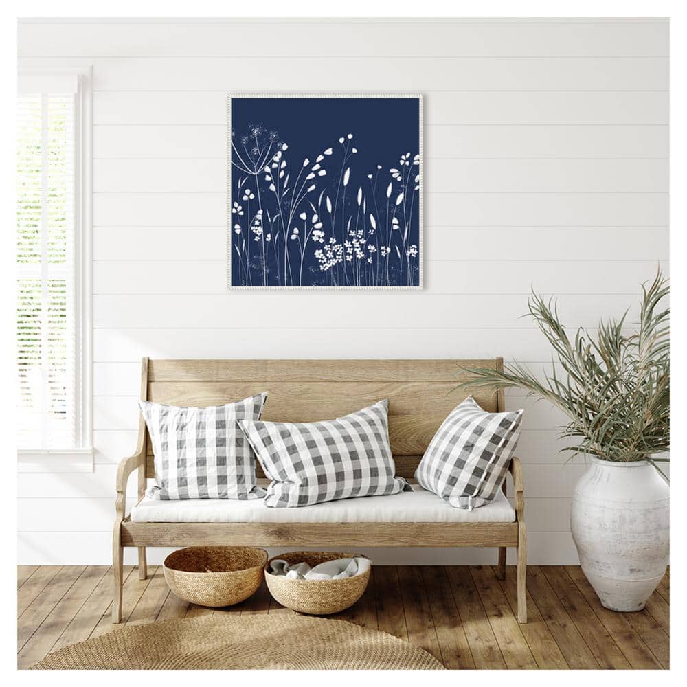 Indigo Flowers II White Floater Frame Canvas Wall Art