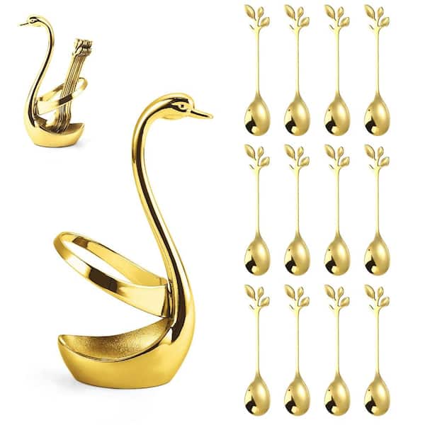 Creative Gold Stainless Steel Swan Base Dinnerware Set with 12 Elegant Leaf-Shaped Spoons for Coffee