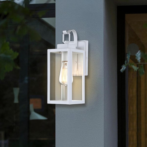 13 in.1-Light Matte White Hardwired Outdoor Wall Lantern Modern Sconce with Clear Glass
