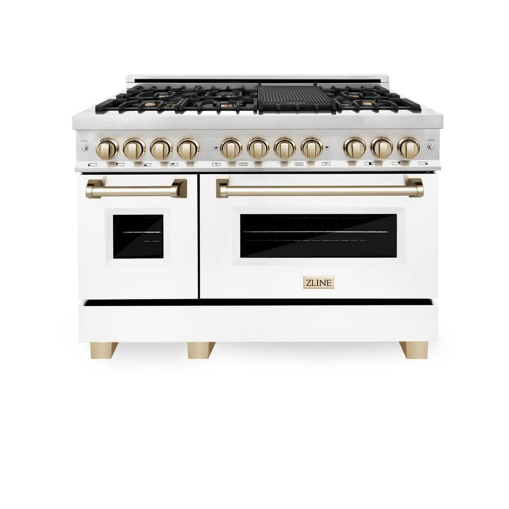 ZLINE Kitchen and Bath Autograph Edition 48 in. 7 Burner Double Oven Dual Fuel Range in Stainless Steel, White Matte and Polished Gold