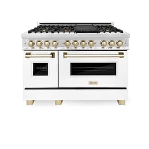 Autograph Edition 48 in. 7 Burner Double Oven Dual Fuel Range in Stainless Steel, White Matte and Polished Gold