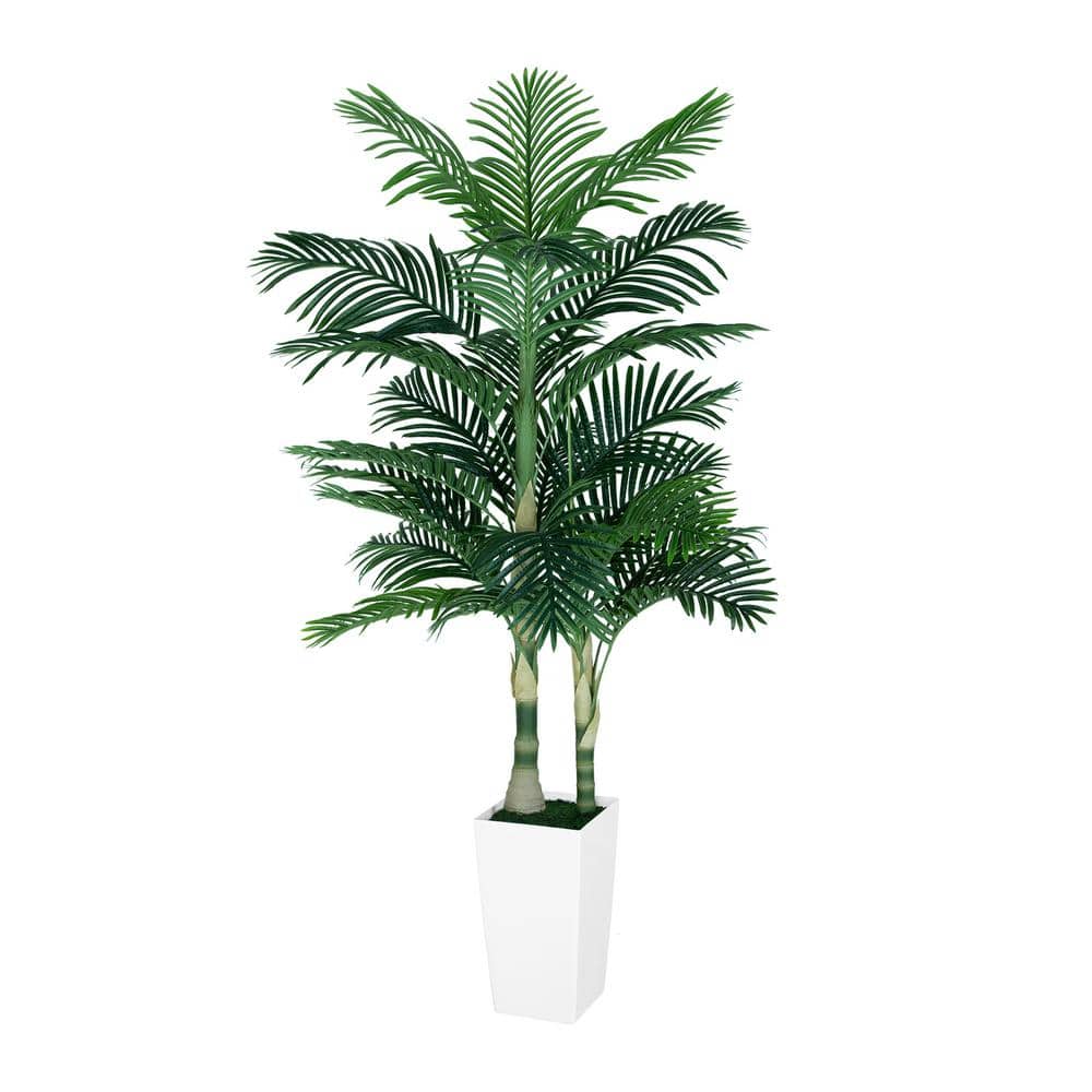 6ft Green Areca Palm Faux Plant with White Plastic Planter