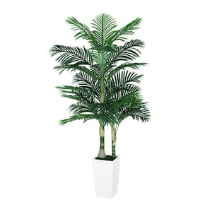 6FT Golden Cane Palm Trees Artificial Tall Faux Palm Tree with White Planter with Natural Wood Trunk and Lifelike Leaves