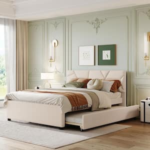 Beige Wood Frame Queen Size Linen Upholstered Platform Bed with Brick Pattern Headboard and Twin XL Trundle