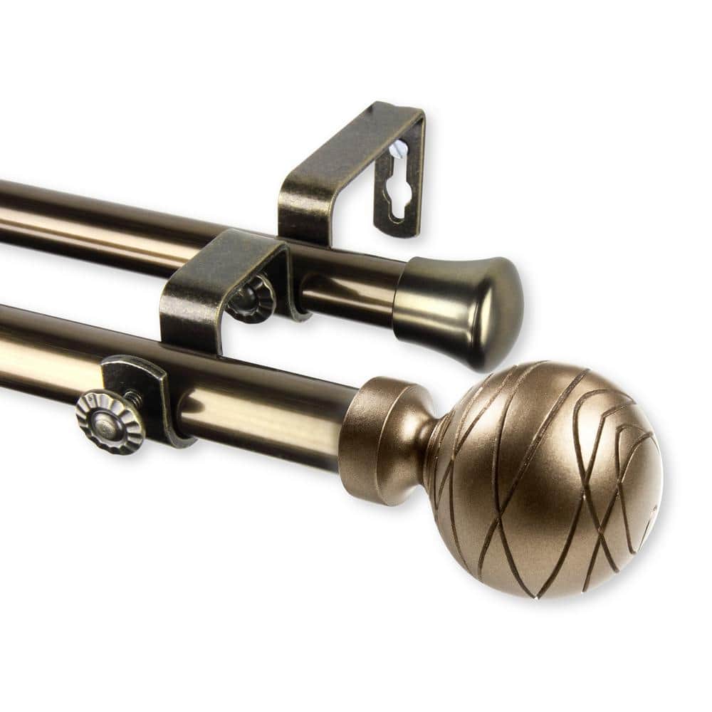 Antique Brass Double Curtain Rod with Etched Ball Finials