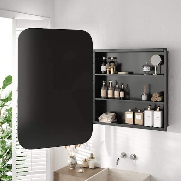 Black 23.4 in. W x 35.1 in. H Rounded Rectangle Mirror Cabinet Iron Framed Mirror