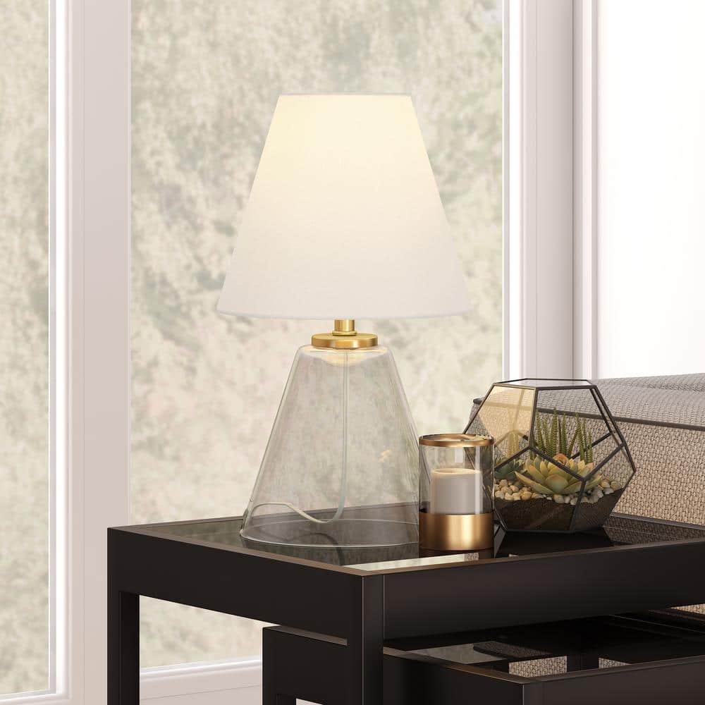 Clear Glass Nightstand Lamp with White Linen Shade