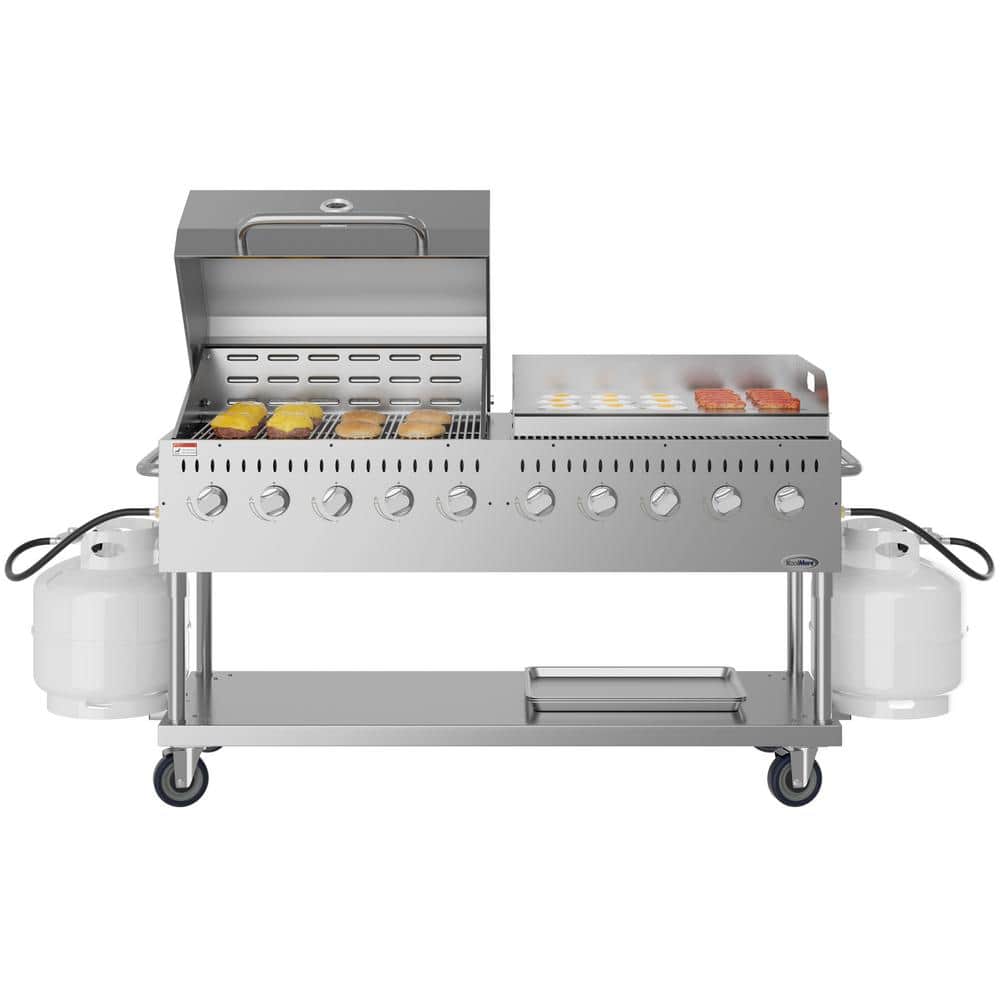 Portable Commercial Outdoor Propane Grill 72 in. with 36 in. Roll Dome Cover and 36 in. Griddle in Stainless Steel