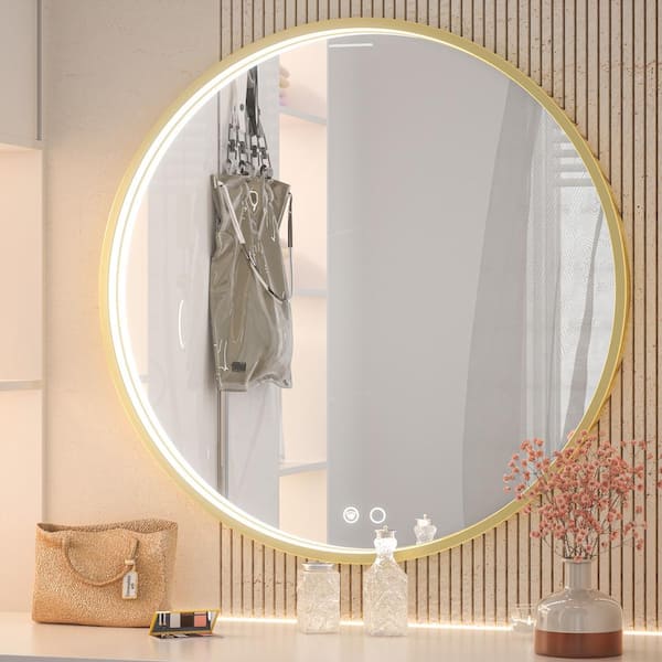 KeonJinn 28 in. W x 28 in. H Large Round Framed Metal Modern Wall Mounted Bathroom Vanity Mirror in Gold