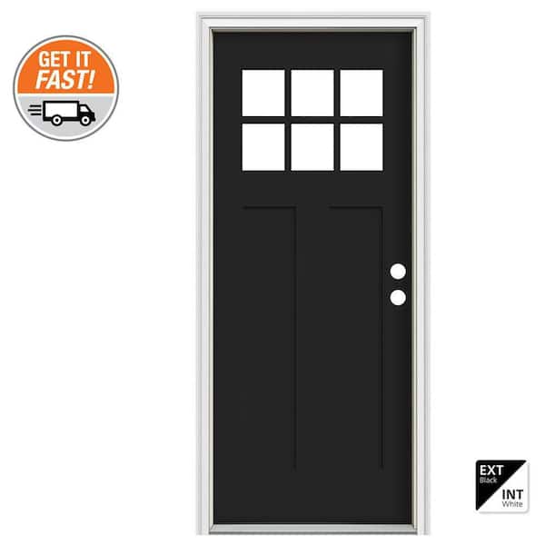 32 in. x 80 in. 2 Panel Left-Hand/Inswing 6 Lite Clear Direct Glaze Black Fiberglass Prehung Front Door w/White Interior