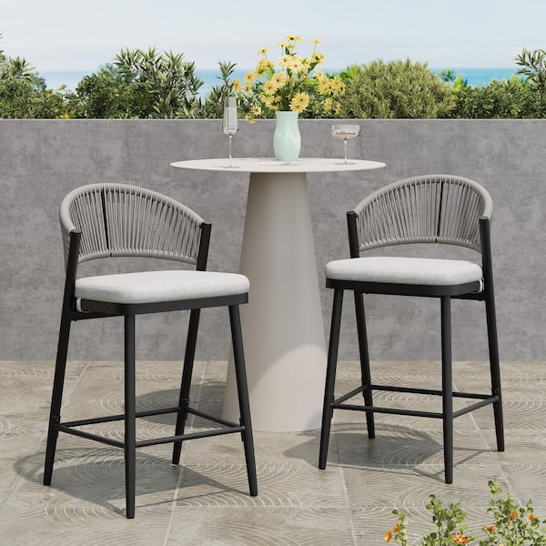 CHRISTOPHER KNIGHT HOME Chamberlain 26 in. Patio PE Rattan and Metal Outdoor Bar Stools with Light Grey Cushions, Matte Black, Set of 2