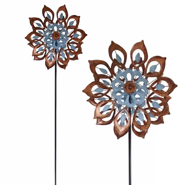 Alpine Corporation Blue and Copper Antique Flower Wind Spinner Stake