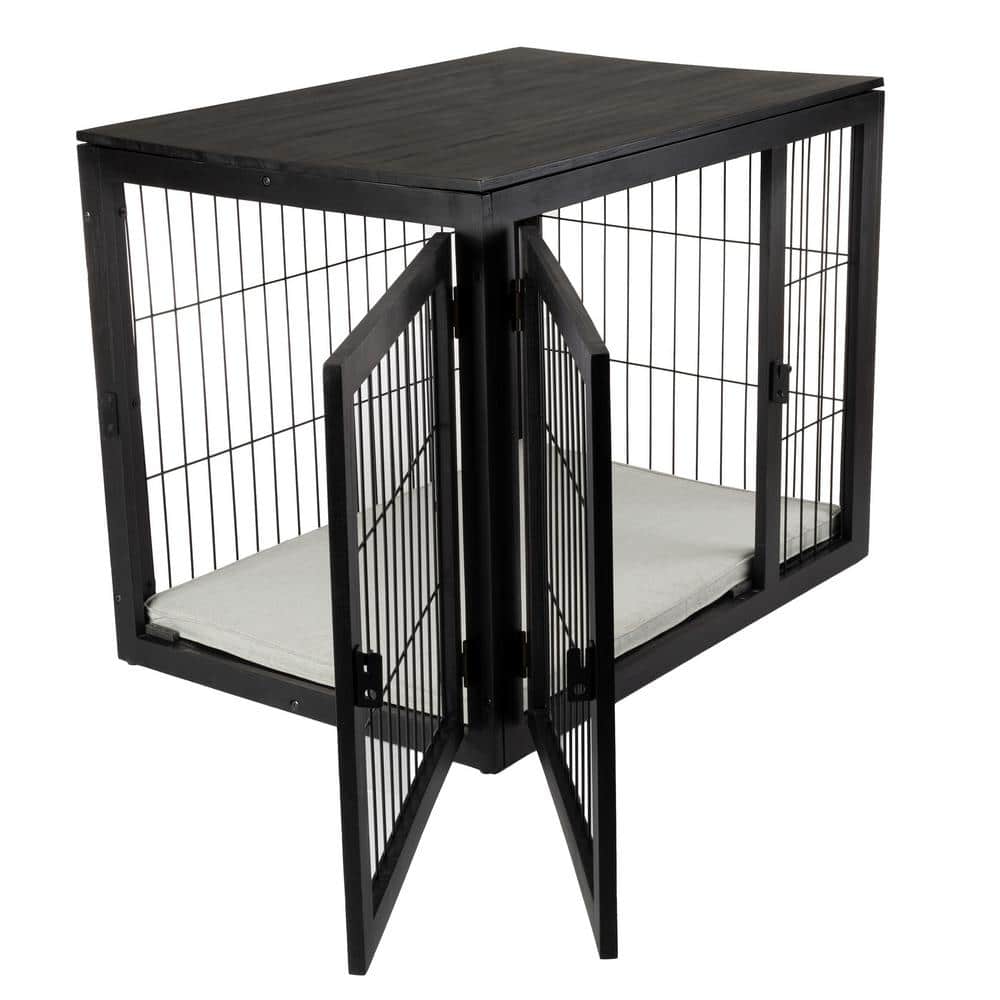 Large Black Acacia Wood and Metal Dog Crate Table