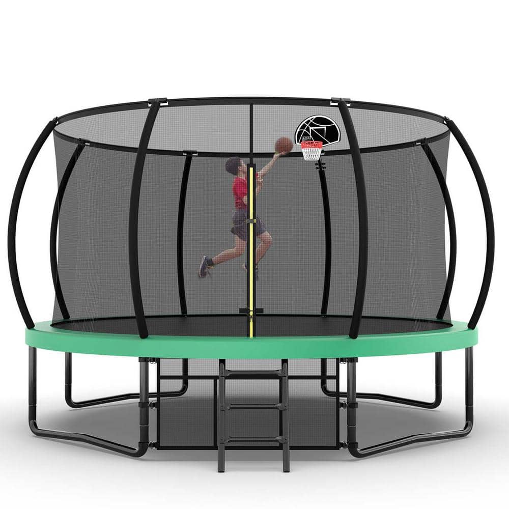 12FT Black Round Kids' Trampoline with Safety Enclosure and Ladder
